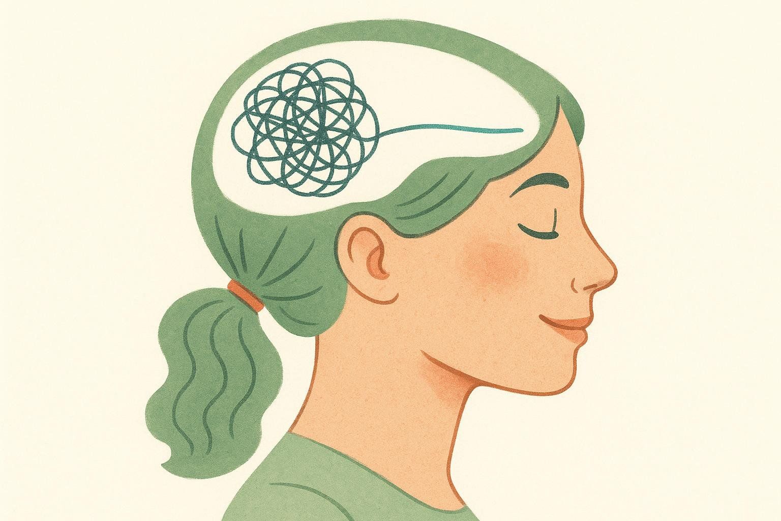 An illustration showing a profile view of a person with a tangled knot of lines in their head, which unravels into a straight line, symbolizing the clearing of brain fog or a complex problem.