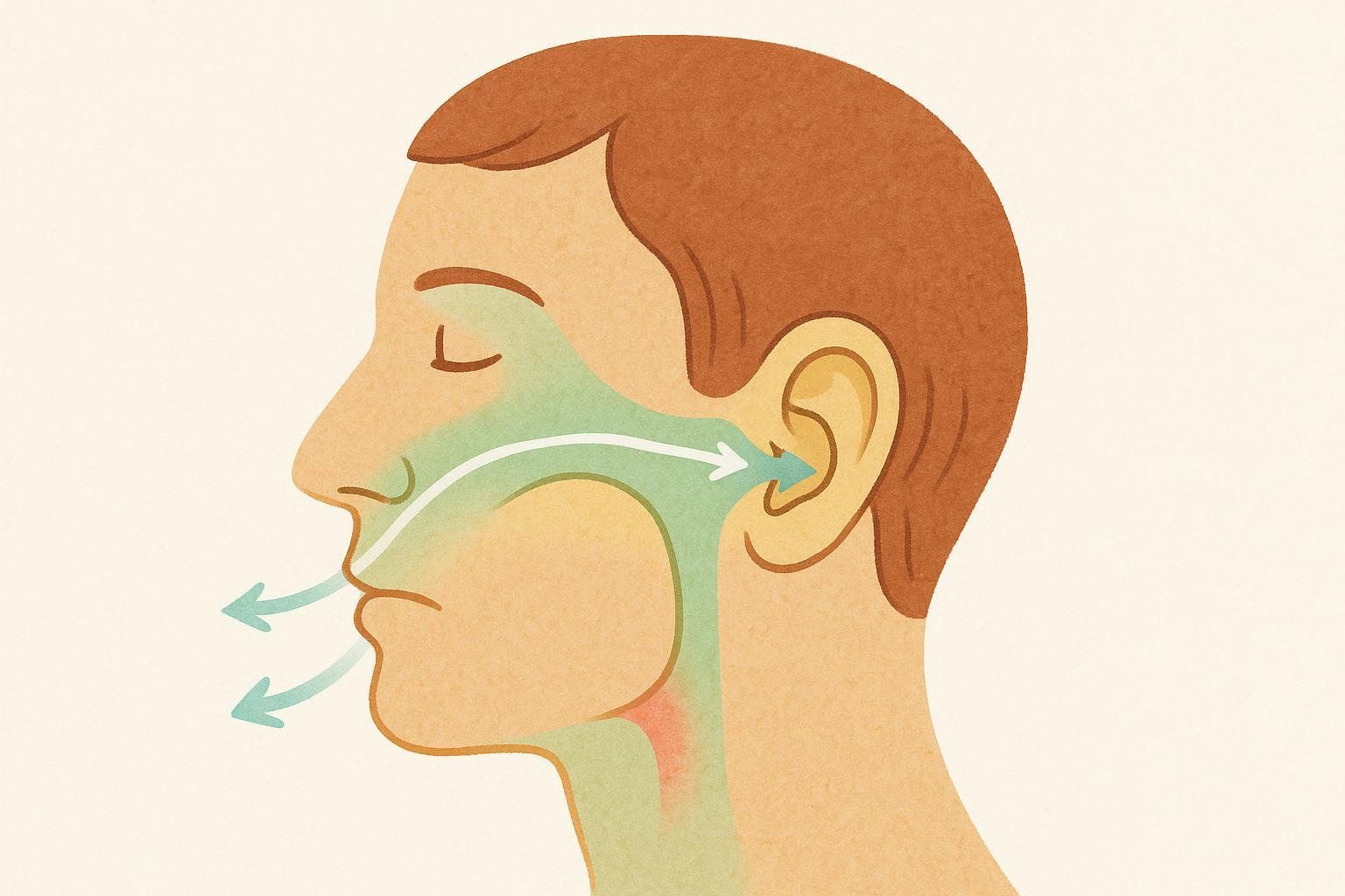 Illustration showing a side profile of a person's head with airflow indicated by arrows. A green arrow shows exhaled air being forced through the nasal and sinus passages towards the ear, demonstrating how the Valsalva maneuver equalizes pressure.