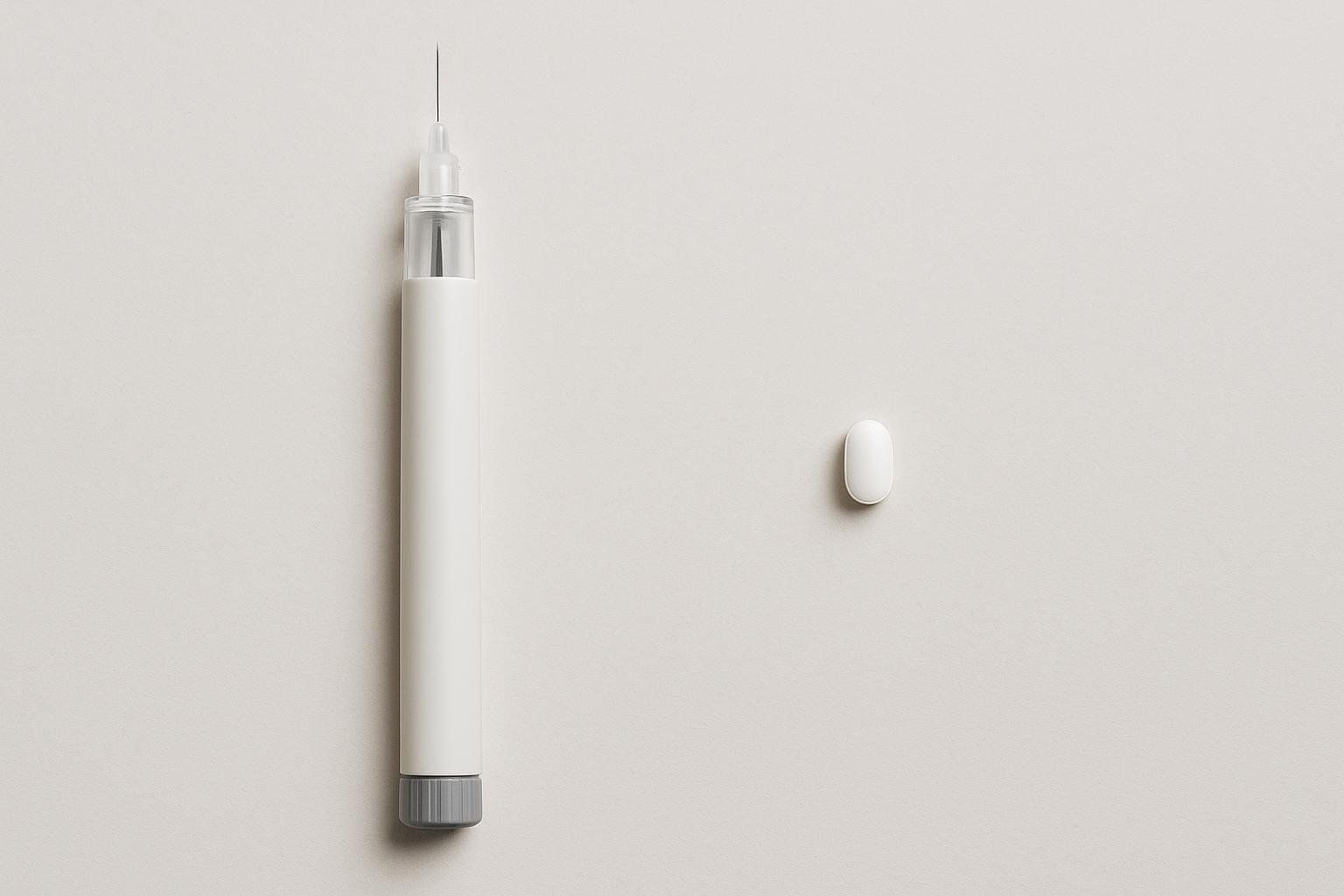A white injectable pen with a needle on the left, next to a small white oral pill on the right, both on a plain light background.