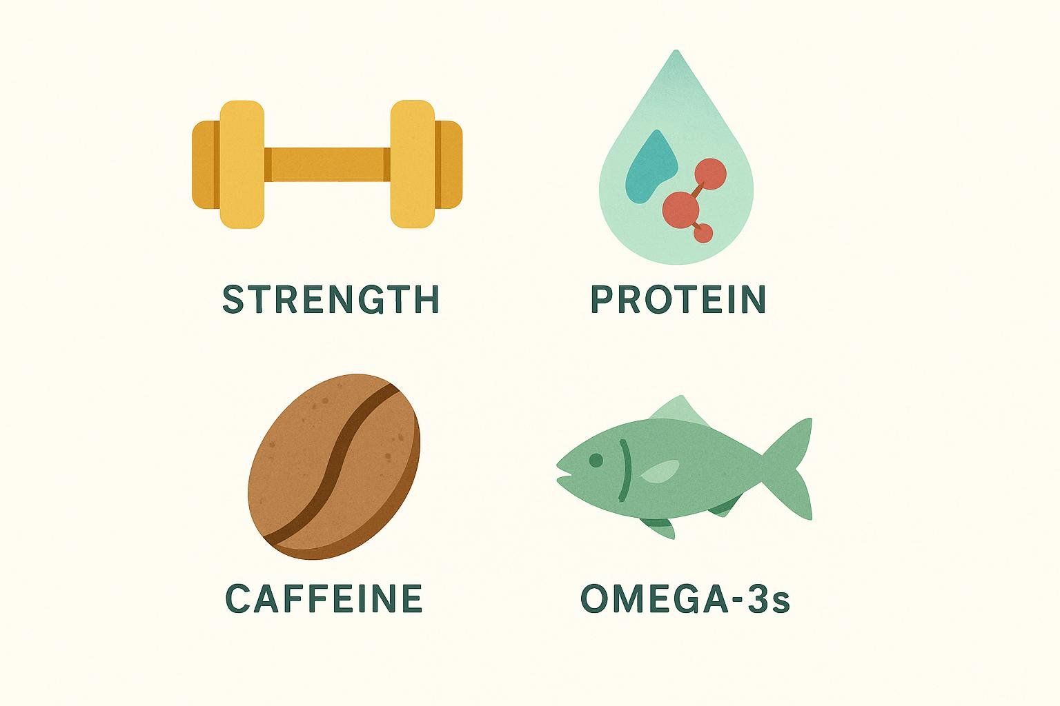 Icons representing four key muscle growth supplements: creatine, protein, caffeine, and omega-3s.