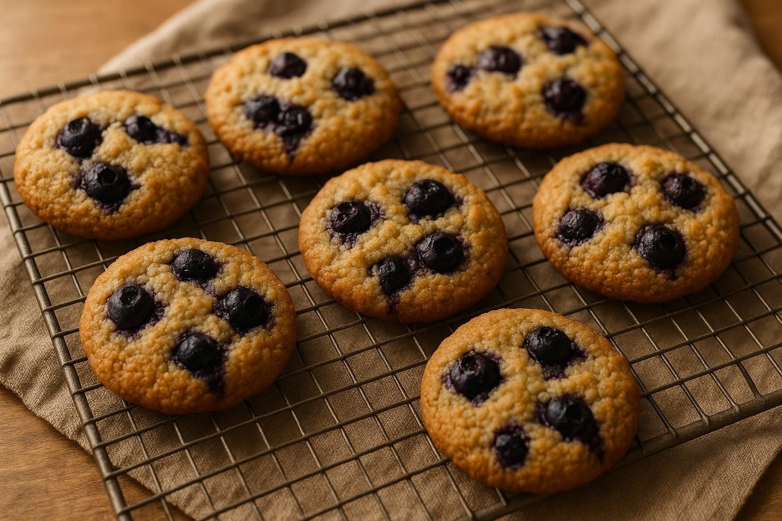 Seven freshly baked almond-flour blueberry cookies with golden-brown tops and visible blueberries, cooling on a wire rack over a light brown cloth.