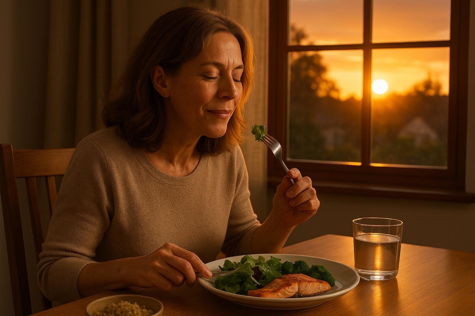 A woman enjoying an early dinner of salmon and greens as the sun sets outside a window, reflecting the concept of finishing meals hours before bed.