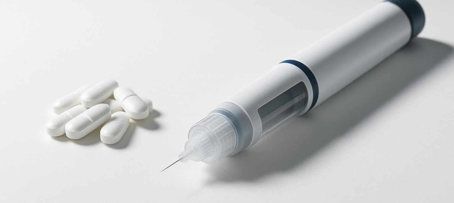 A medical injection pen lying next to a small pile of white pills on a clean surface