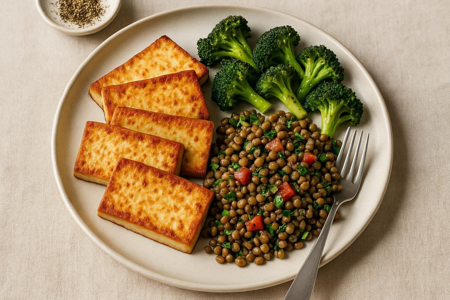 A plate of high-protein plant-based food featuring five pieces of golden-brown fried tofu, a generous serving of cooked lentils with chopped red bell pepper and herbs, and several florets of steamed broccoli. A fork rests on the edge of the plate, and a small dish of ground pepper is in the background.