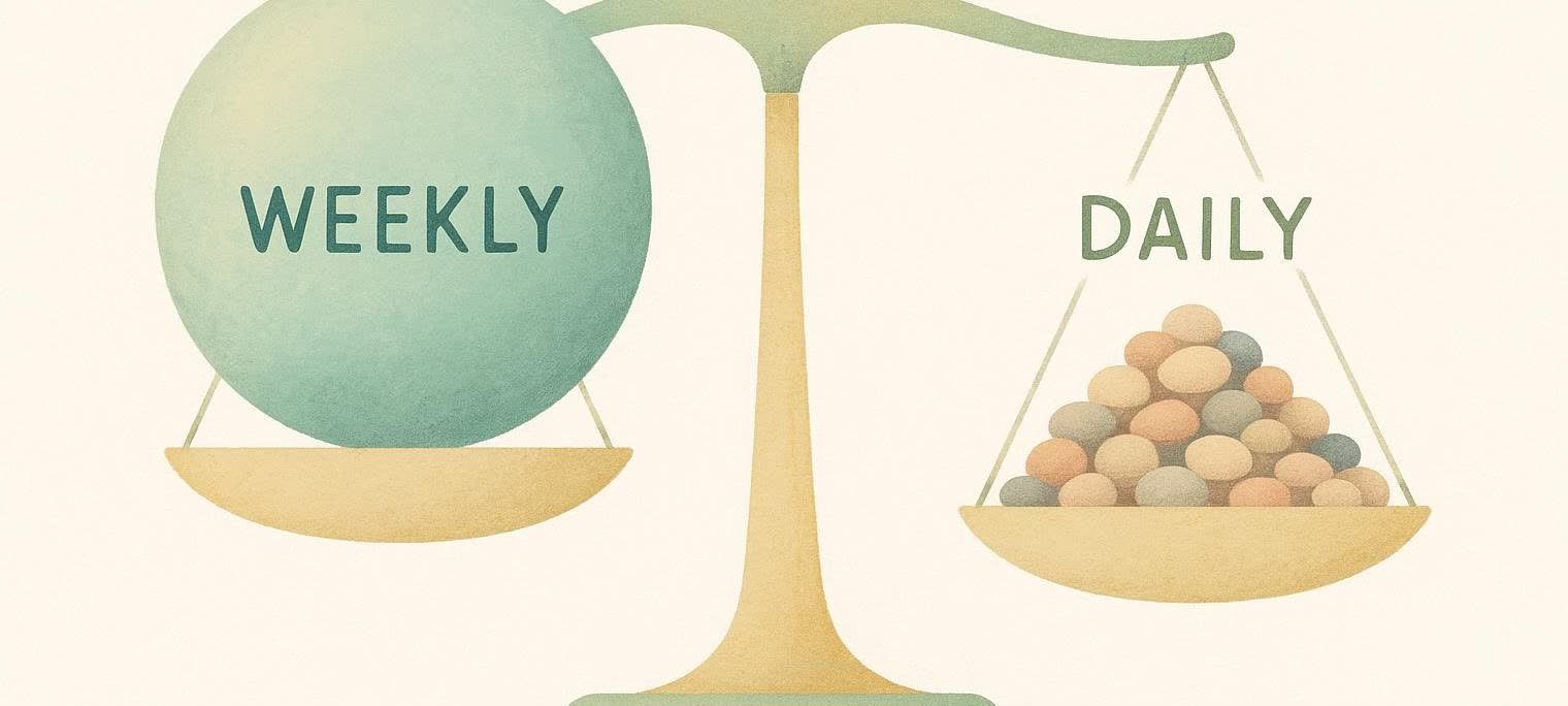 Illustration of a balance scale weighing a weekly dose against daily doses