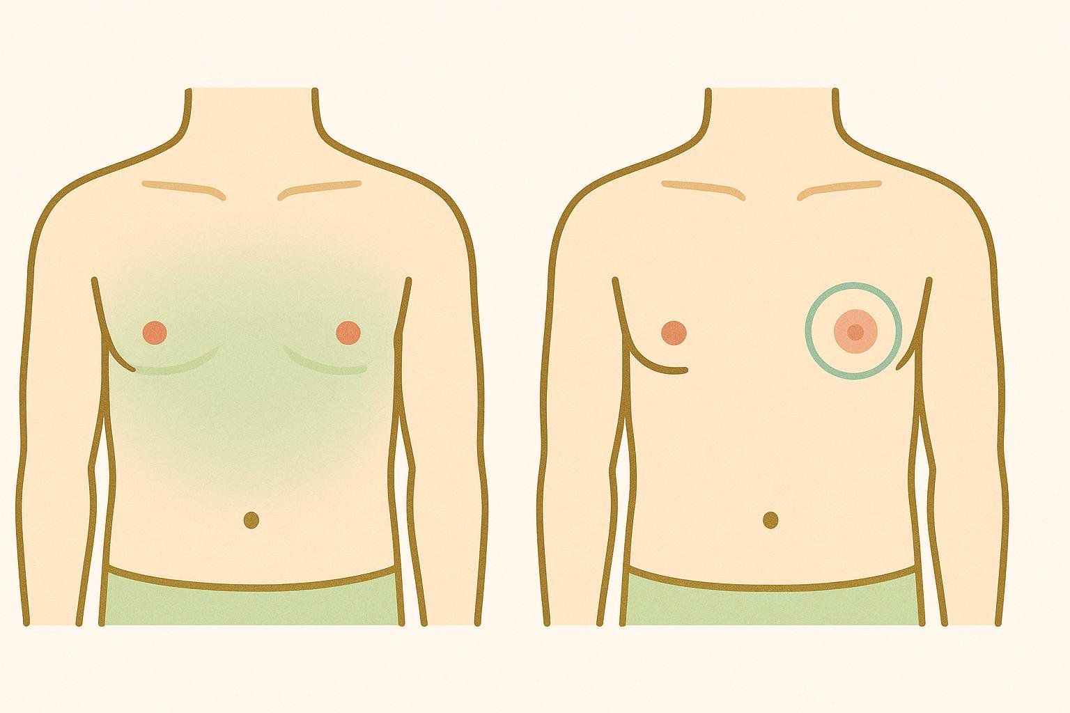 A diagram comparing pseudogynecomastia (left figure, showing soft, diffuse green-shaded chest tissue) with true gynecomastia (right figure, showing a firm disc of pink glandular tissue highlighted by a blue circle around the nipple and areola).