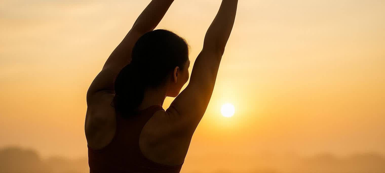 Rear view of a woman stretching with her arms raised overhead, silhouetted against a golden sunrise sky.