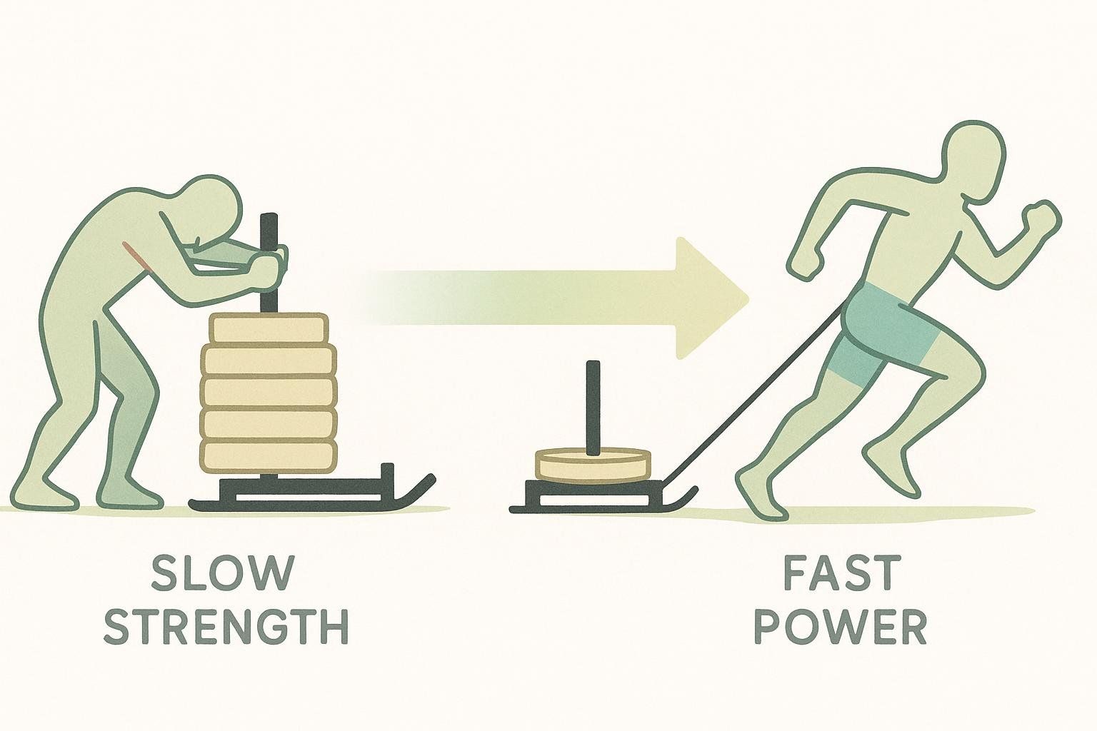 An illustration depicting the sled training spectrum, showing a figure pushing a heavily loaded sled labeled 'Slow Strength' and another figure sprinting with a lightly loaded sled labeled 'Fast Power'.