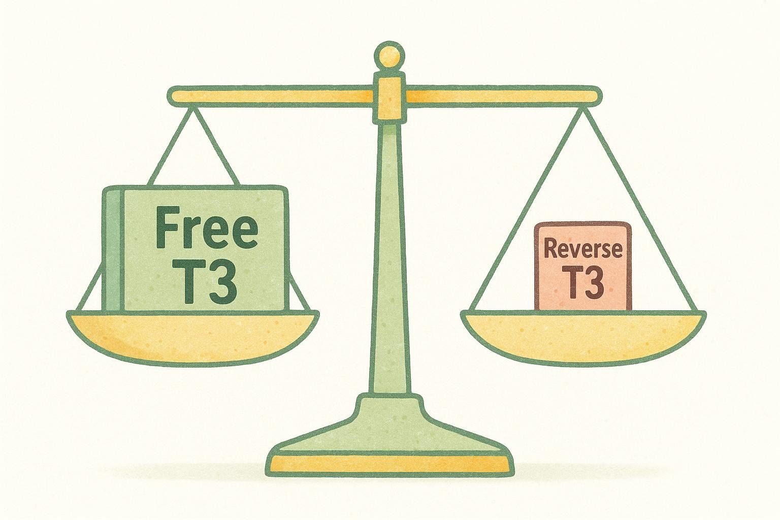 A balance scale illustration showing a healthy balance between Free T3 and the much smaller Reverse T3. The left pan holds a large green block labeled 'Free T3', while the right pan holds a smaller, orange block labeled 'Reverse T3', indicating Free T3 is significantly greater than Reverse T3.