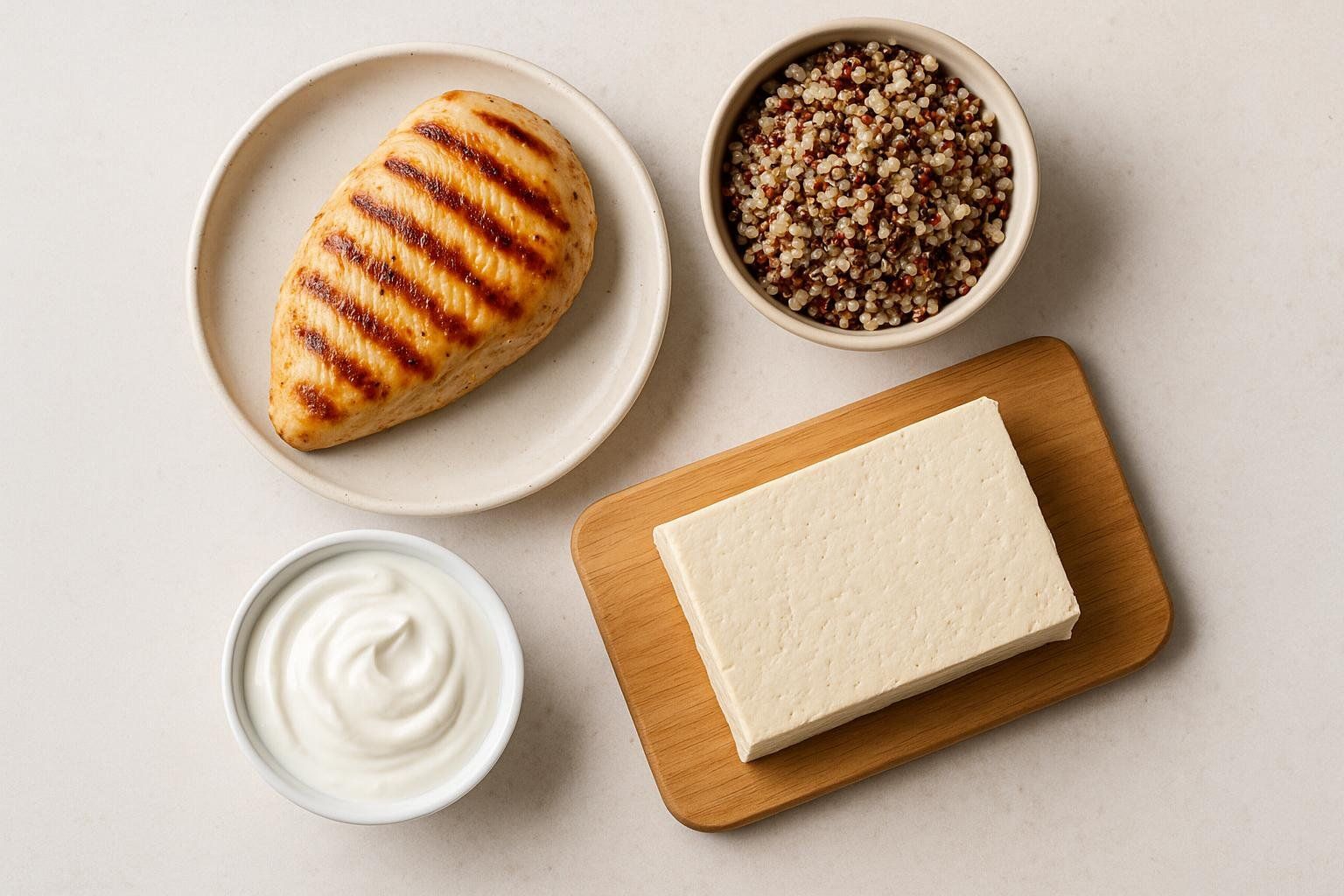 Flat lay of various healthy protein food sources including grilled chicken breast, a block of tofu on a cutting board, a small bowl of yogurt, and a small bowl of quinoa.