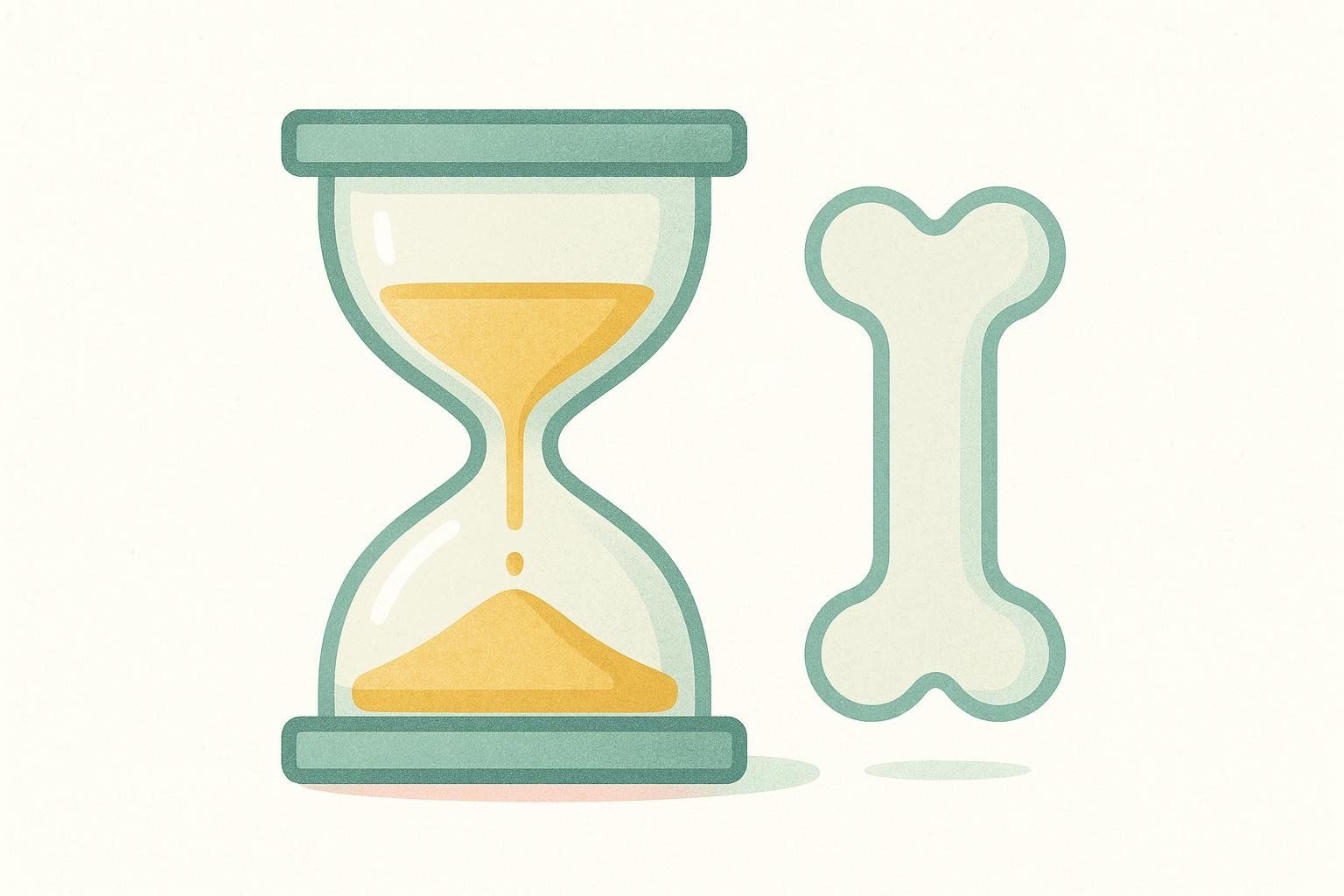 An icon of an hourglass next to a bone, representing a waiting period for retesting bone density because bone changes slowly.
