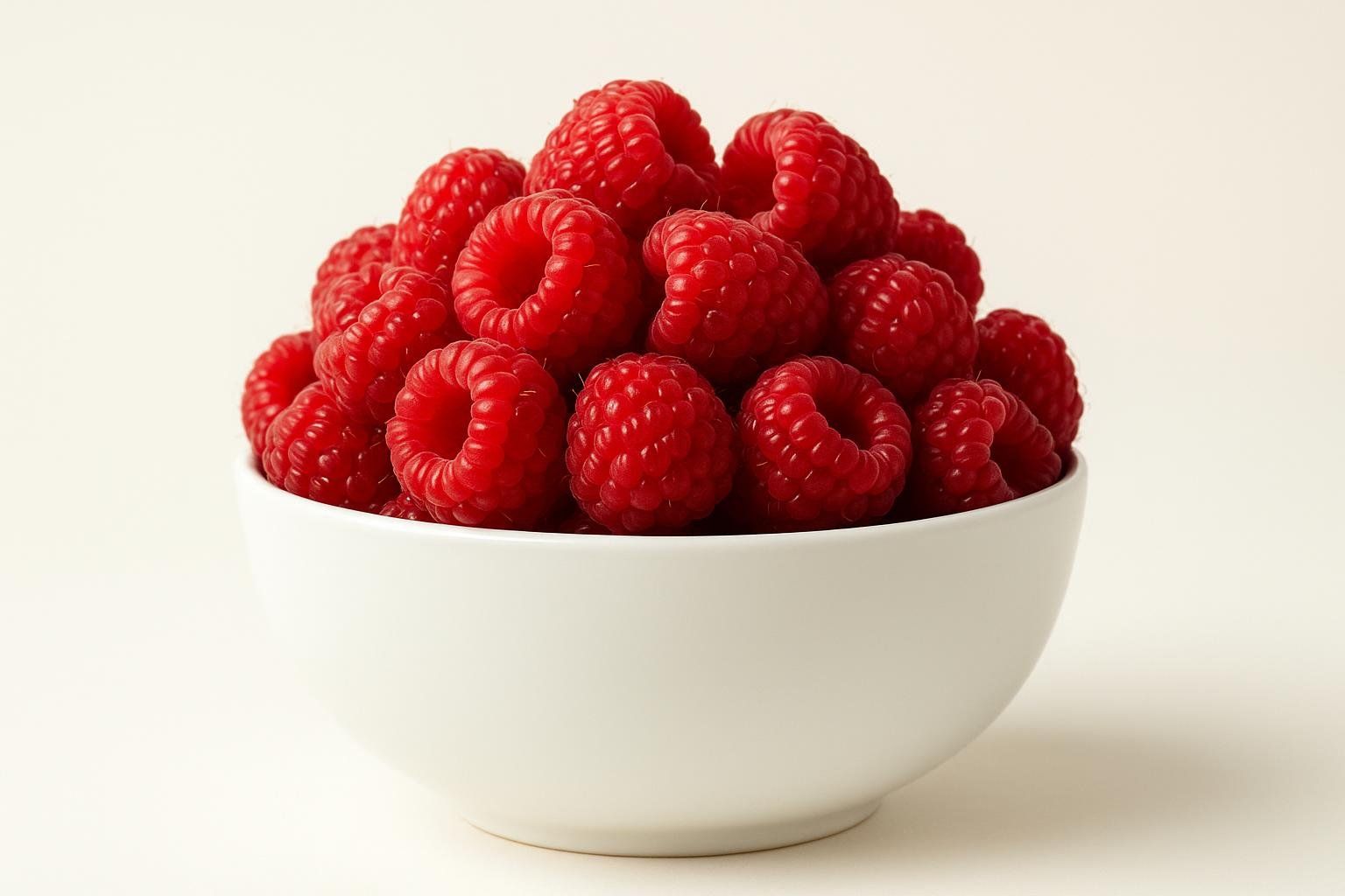 A white bowl overflows with fresh, vibrant red raspberries against a light background.