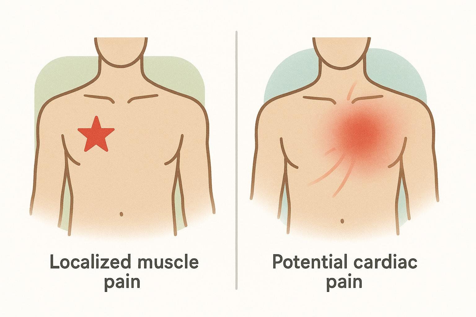 Illustration contrasting localized chest muscle pain marked with a red star, with radiating cardiac pain shown as a red area spreading from the chest.