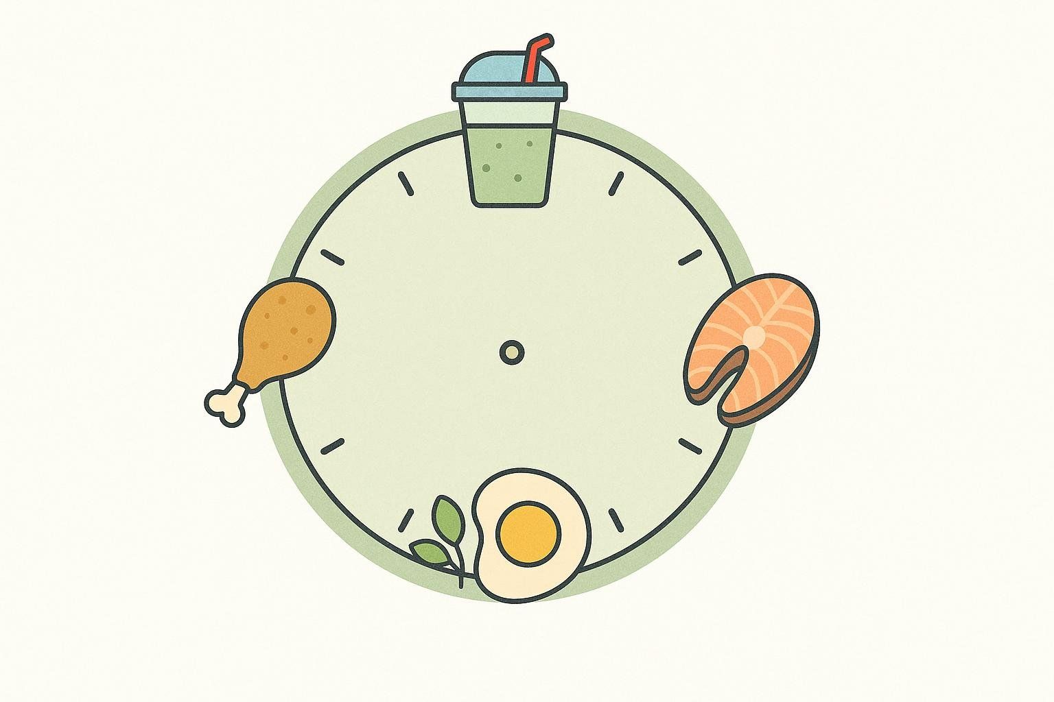 Illustration of a clock with four meal icons (protein shake, chicken leg, salmon, and egg) spaced evenly, demonstrating the concept of distributing protein intake throughout the day.