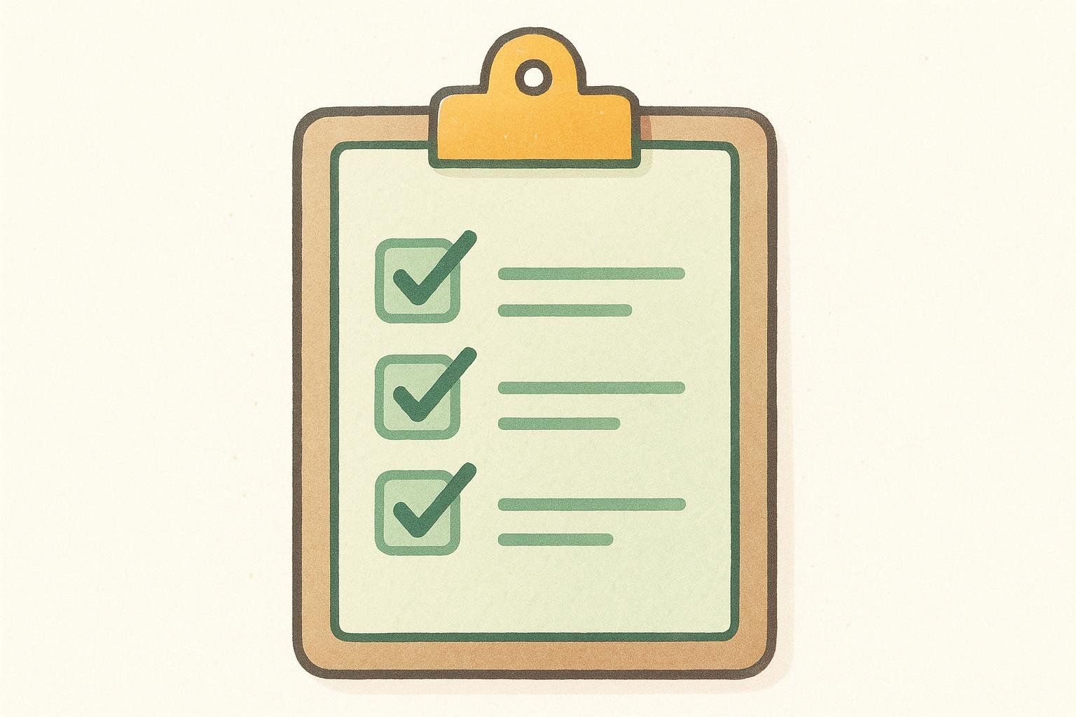 An illustration of a classic brown and yellow clipboard with a light green sheet of paper. On the paper, three green checkmarks are visible next to short green lines, indicating a completed checklist or tasks.