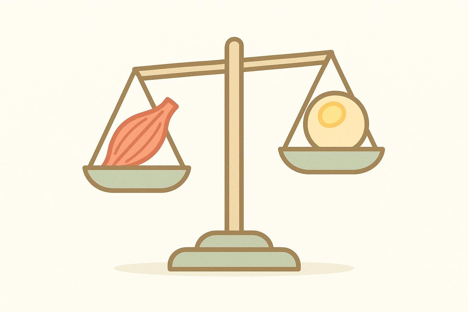 An illustration of a balance scale. The left pan holds a muscle icon and is lower, indicating a heavier weight. The right pan holds a fat cell icon and is higher, indicating a lighter weight. This symbolizes the importance of maintaining muscle mass while losing fat.