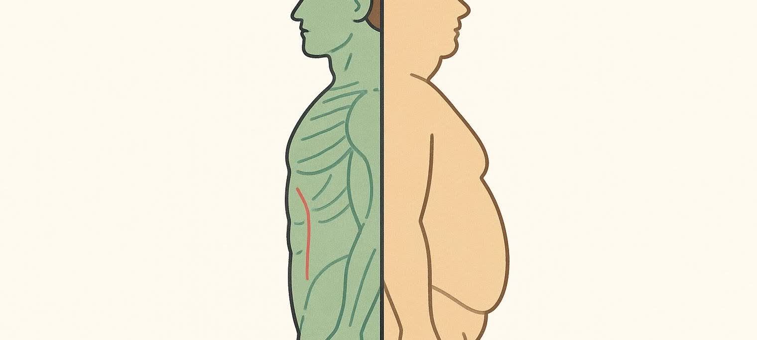 An illustration showing a man's silhouette divided in half, with one side representing muscle mass (green) and the other representing body fat (tan).