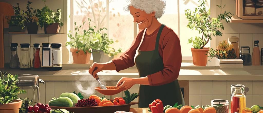 An older woman smiles as she stirs a steaming pot of food in a kitchen with fresh vegetables and potted plants.