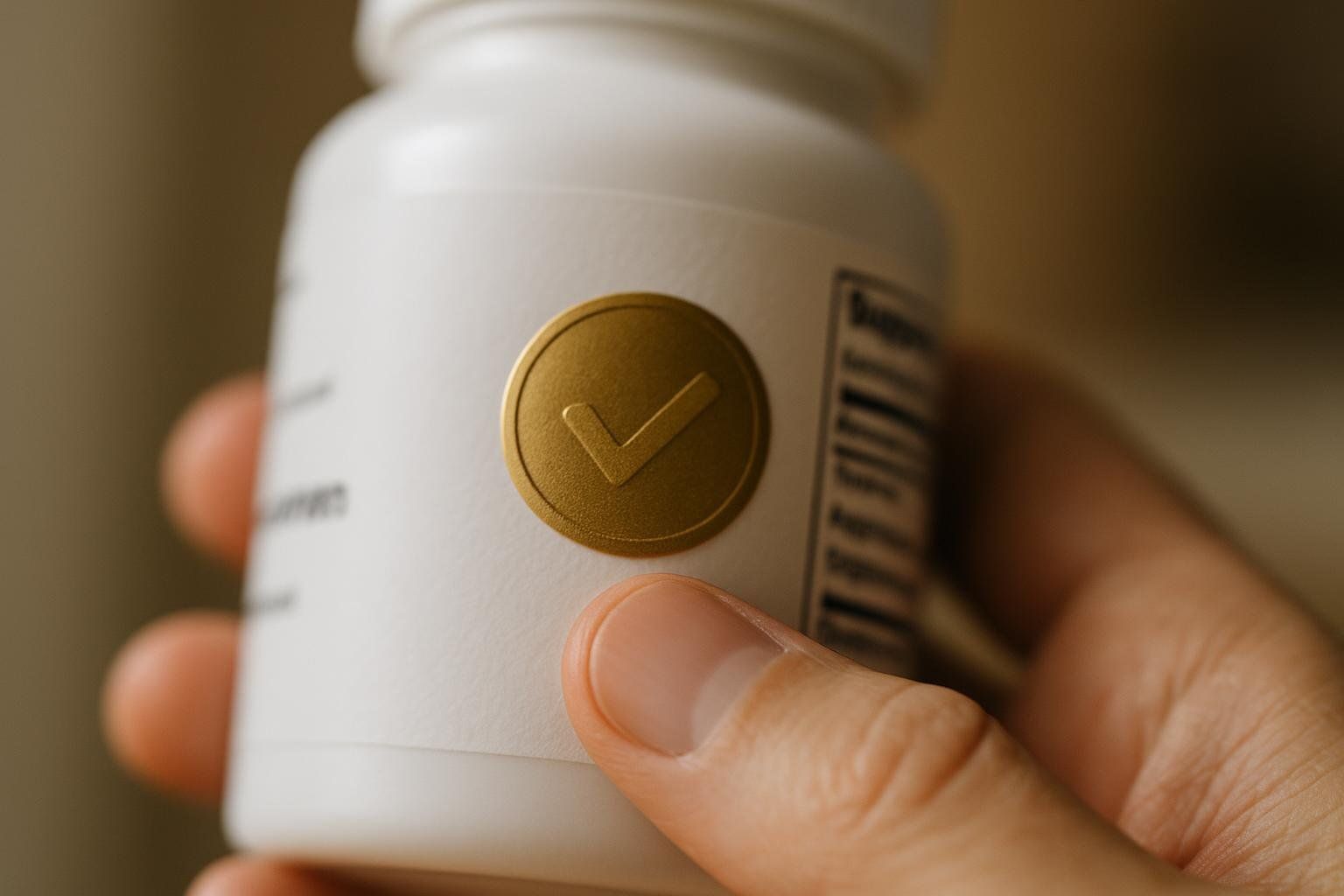 A close-up shot of a white supplement bottle being held, featuring a prominent golden quality seal with a checkmark in the center.
