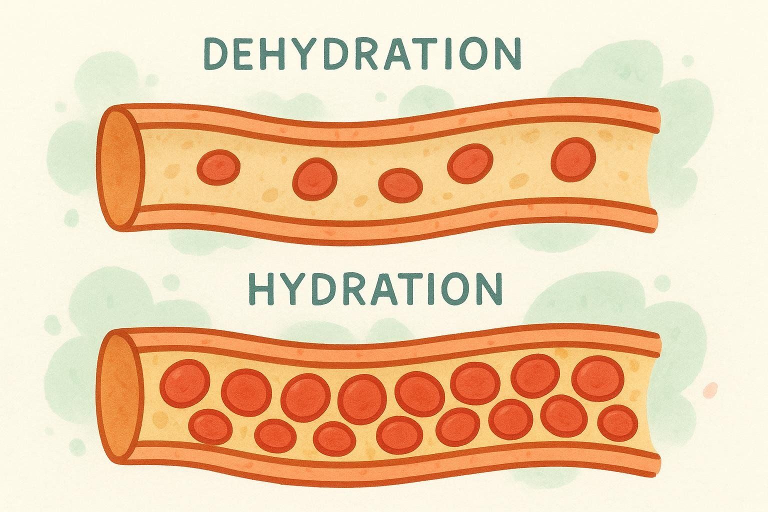 An illustration comparing a dehydrated blood vessel with fewer blood cells and more space for plasma to a fully hydrated one with more blood cells packed densely, leaving less room for plasma. The top vessel is labeled 'DEHYDRATION' and the bottom 'HYDRATION'.