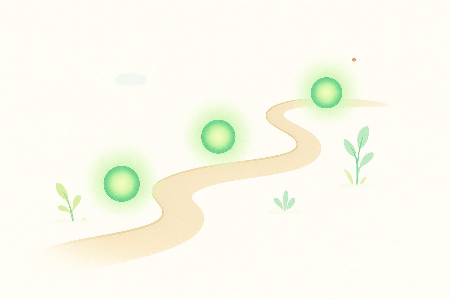 Abstract illustration of a winding path with three widely spaced glowing green markers, representing the recommended 8-12 week frequency for DEXA scans.