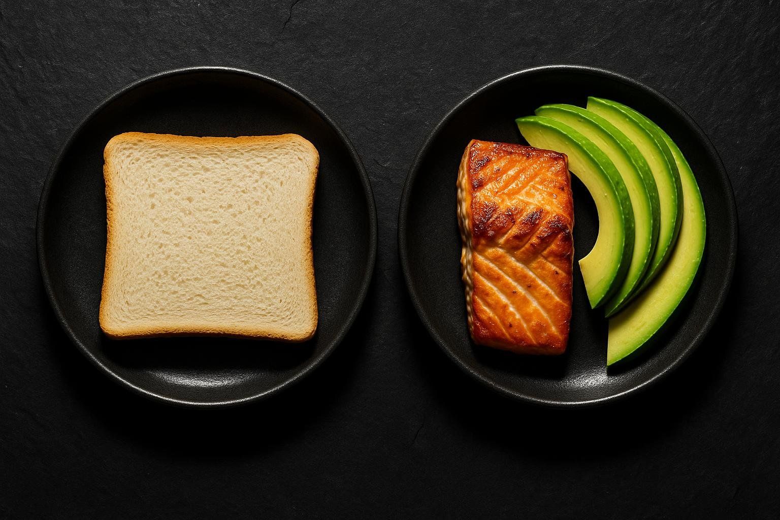 Two black plates on a dark surface. The left plate contains a slice of white bread, representing a high-carb meal. The right plate contains a grilled salmon fillet and several slices of avocado, representing a high-fat, high-protein meal. The image illustrates different macronutrient compositions and their potential influence on digestion speed.