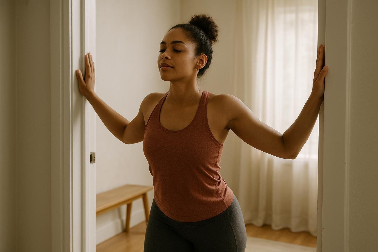 A person performs a doorway chest stretch as part of their post-workout cool-down routine.