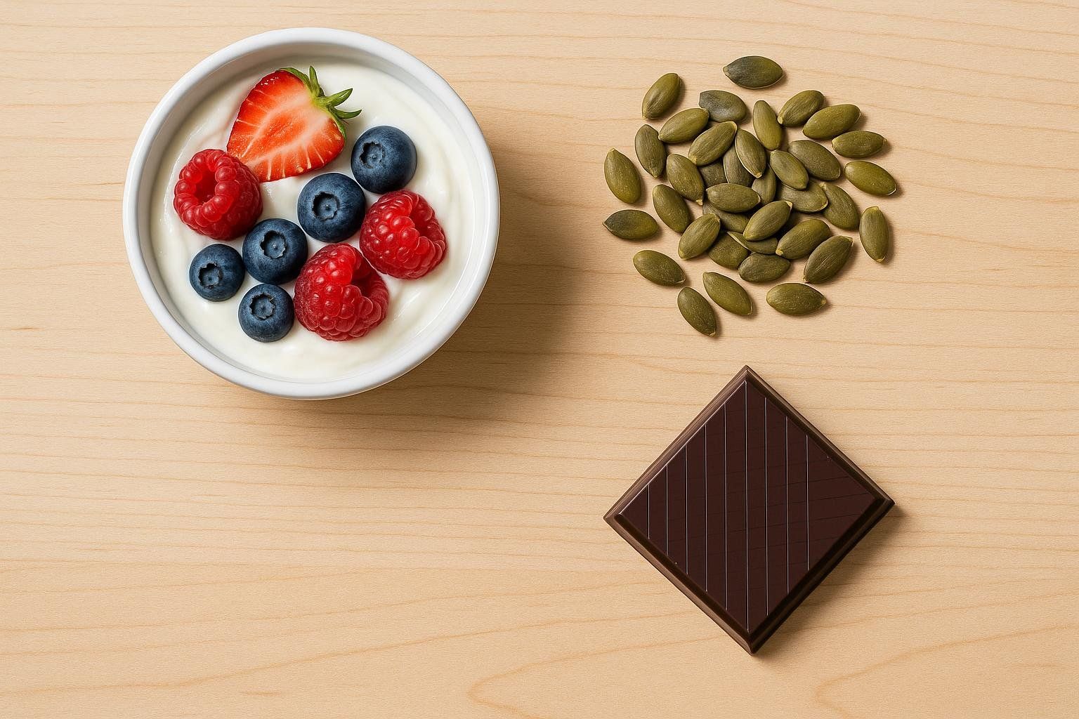 A flat lay image on a light wood surface featuring a white bowl of Greek yogurt topped with blueberries, raspberries, and a sliced strawberry. To the right are a pile of green pumpkin seeds and a square piece of dark chocolate.
