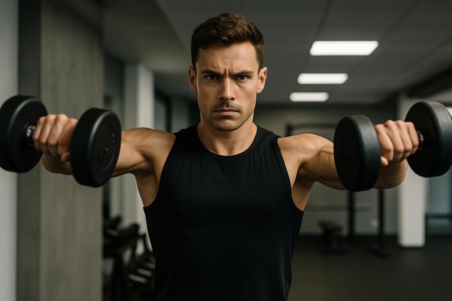 A man in a black tank top performing a dumbbell lateral raise, holding the dumbbells out to his sides at shoulder height, with a serious expression on his face.