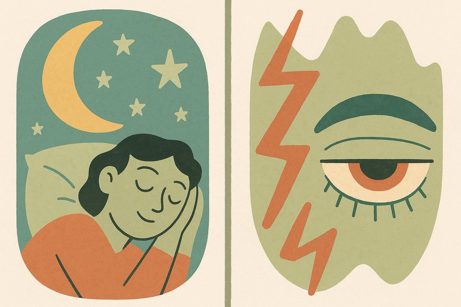 Illustration contrasting peaceful sleep with anxious sleeplessness caused by stress. The left side shows a person sleeping peacefully under a night sky with stars and a crescent moon. The right side shows a wide, bloodshot eye surrounded by orange lightning bolts on a green background.