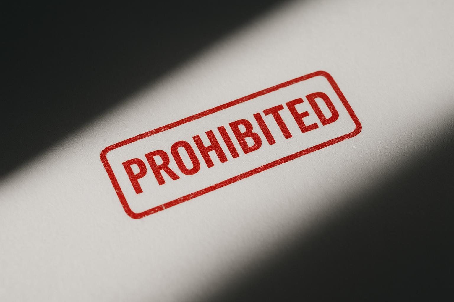 A red stamp on a white surface that says 'PROHIBITED', with parts of the image in shadow.