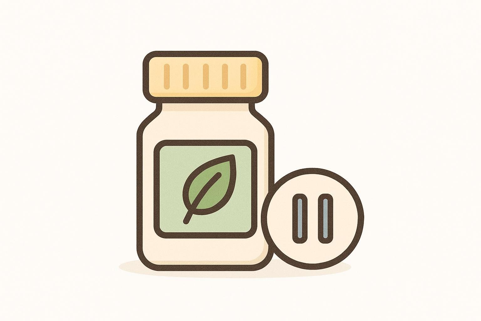 An icon depicting a supplement bottle with a leaf on its label positioned next to a pause symbol, suggesting to stop taking supplements like biotin.