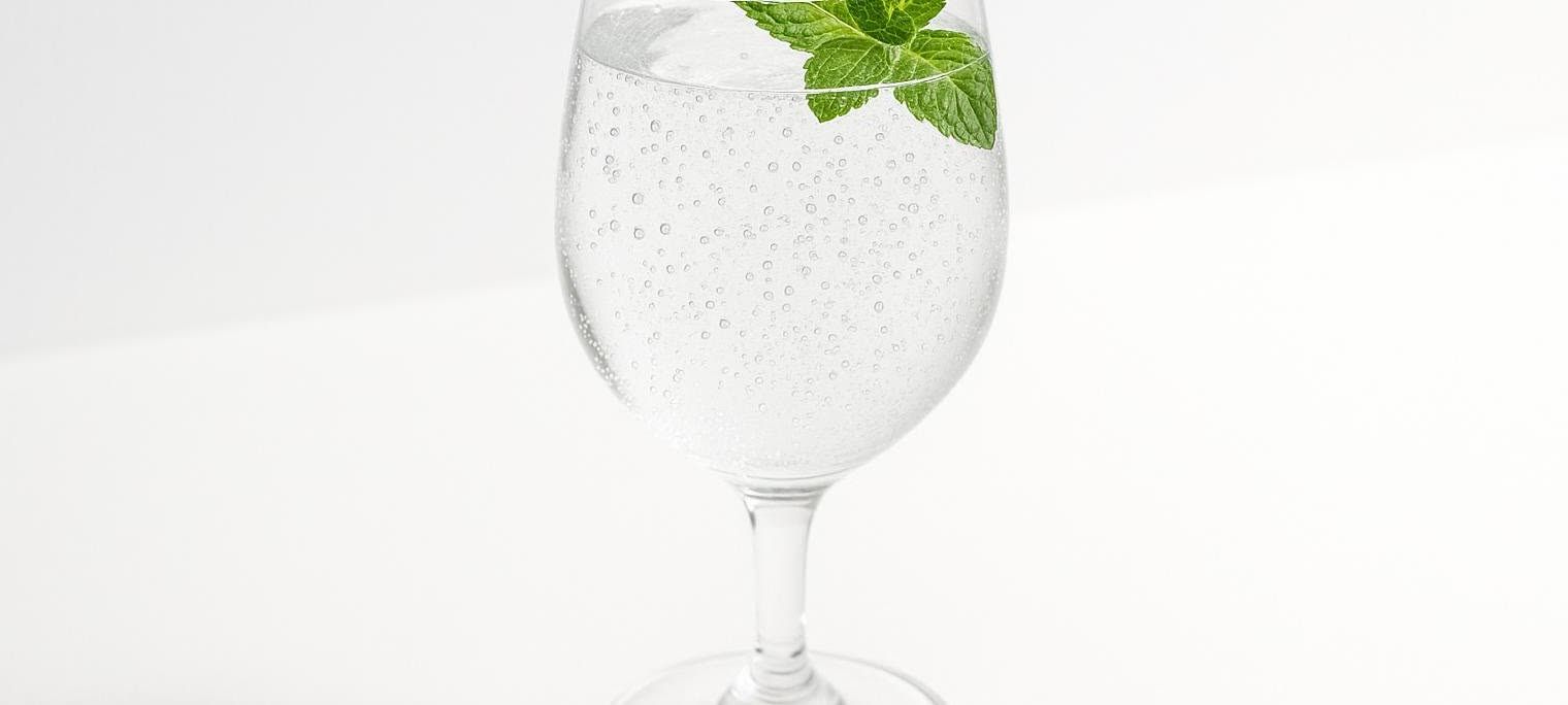 A clear wine glass filled with sparkling water, adorned with a fresh mint leaf, against a clean white background.