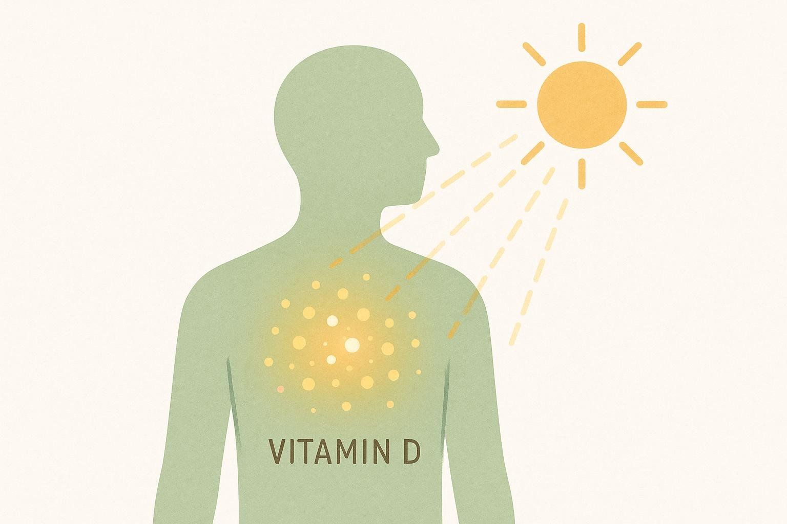 An illustration showing the green silhouette of a person, head in profile, absorbing yellow rays from a sun in the upper right corner. A glowing, speckled yellow area on their chest indicates where the sunlight is being absorbed, and the words 'VITAMIN D' are written below it.