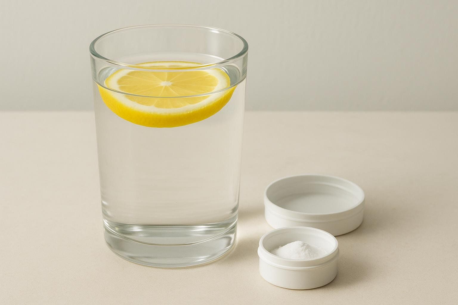 A clear glass containing water and a slice of lemon, with two small white open containers beside it, one empty and one with white powder, symbolizing hydration and headache prevention supplements.