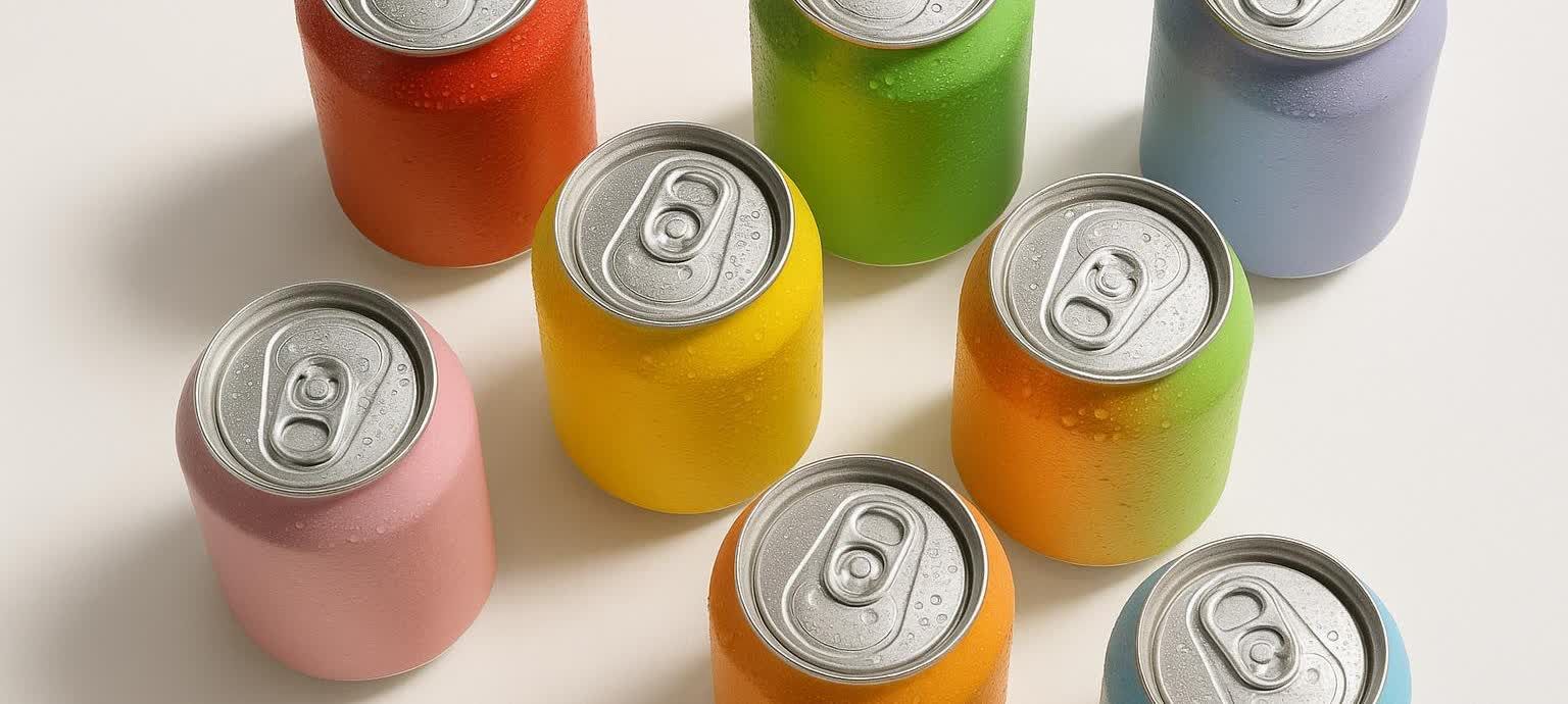 An overhead shot of several vibrant, matte-finished soda cans in various colors like red, green, yellow, orange, pink, light blue, and grey. Each can is covered in small water droplets, indicating they are cold.