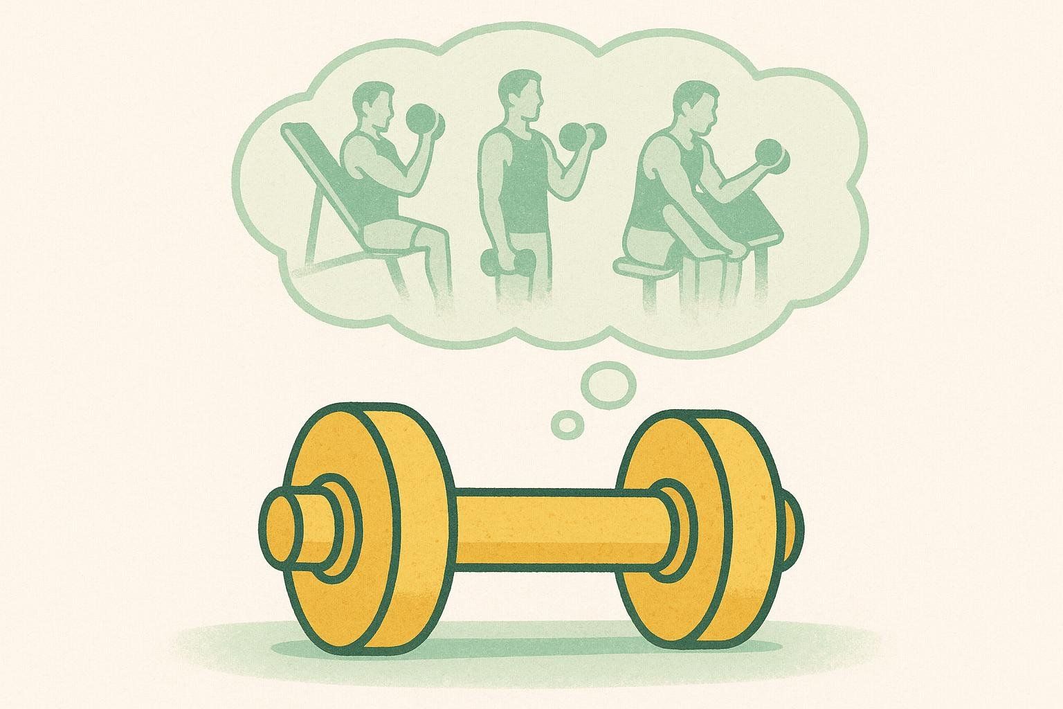 Illustration of a single dumbbell with a thought bubble above it showing a person performing dumbbell exercises on a bench and standing, representing variety.