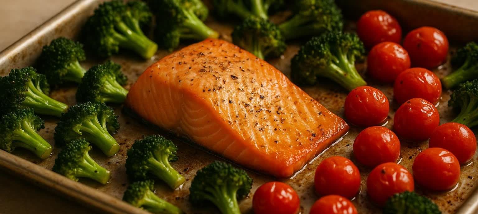 A close-up shot of a healthy sheet pan dinner featuring a perfectly baked salmon fillet seasoned with herbs, accompanied by roasted broccoli florets and bright red cherry tomatoes. The food is arranged on a baking sheet, showcasing a balanced and colorful meal.