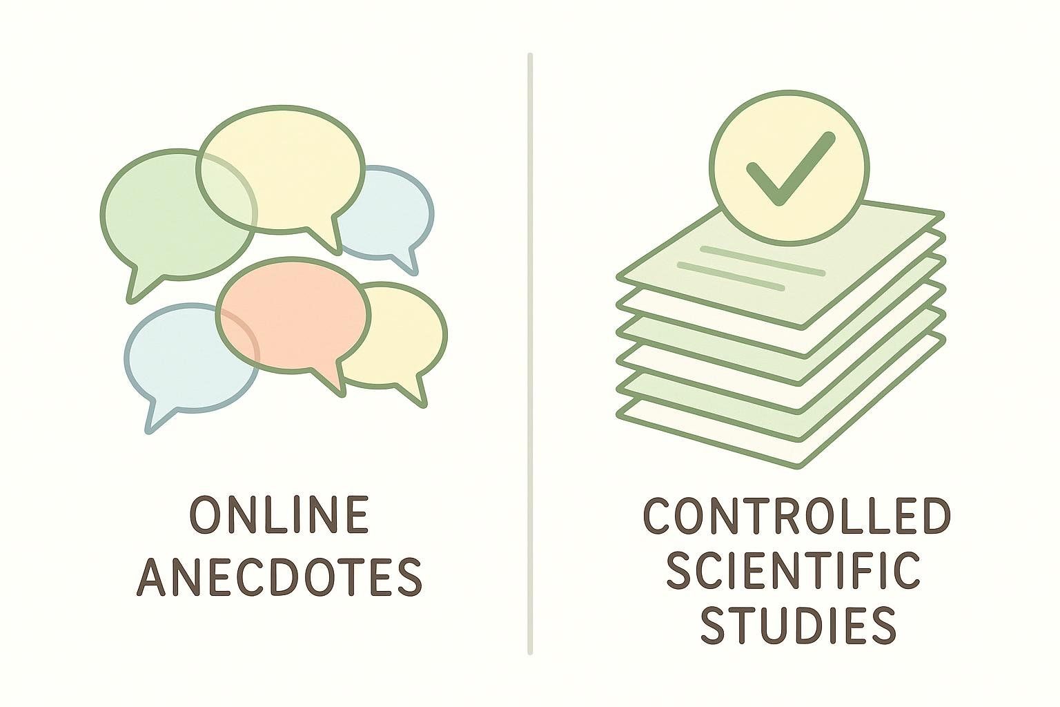 An illustration contrasting chaotic speech bubbles labeled 'Online Anecdotes' with a neat stack of papers topped with a checkmark labeled 'Controlled Scientific Studies', highlighting the difference in reliability.