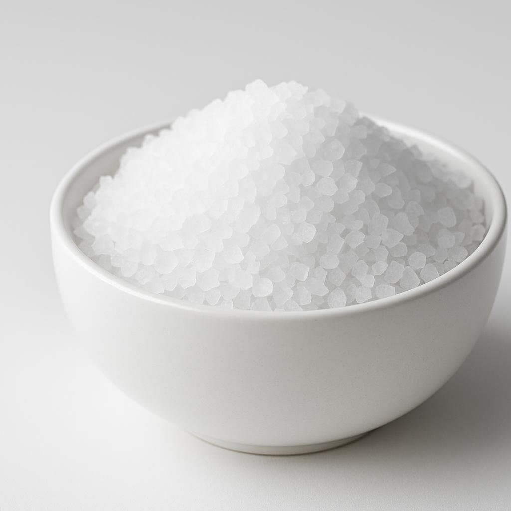 A simple white bowl filled with Epsom salt crystals, viewed from the side on a light background.