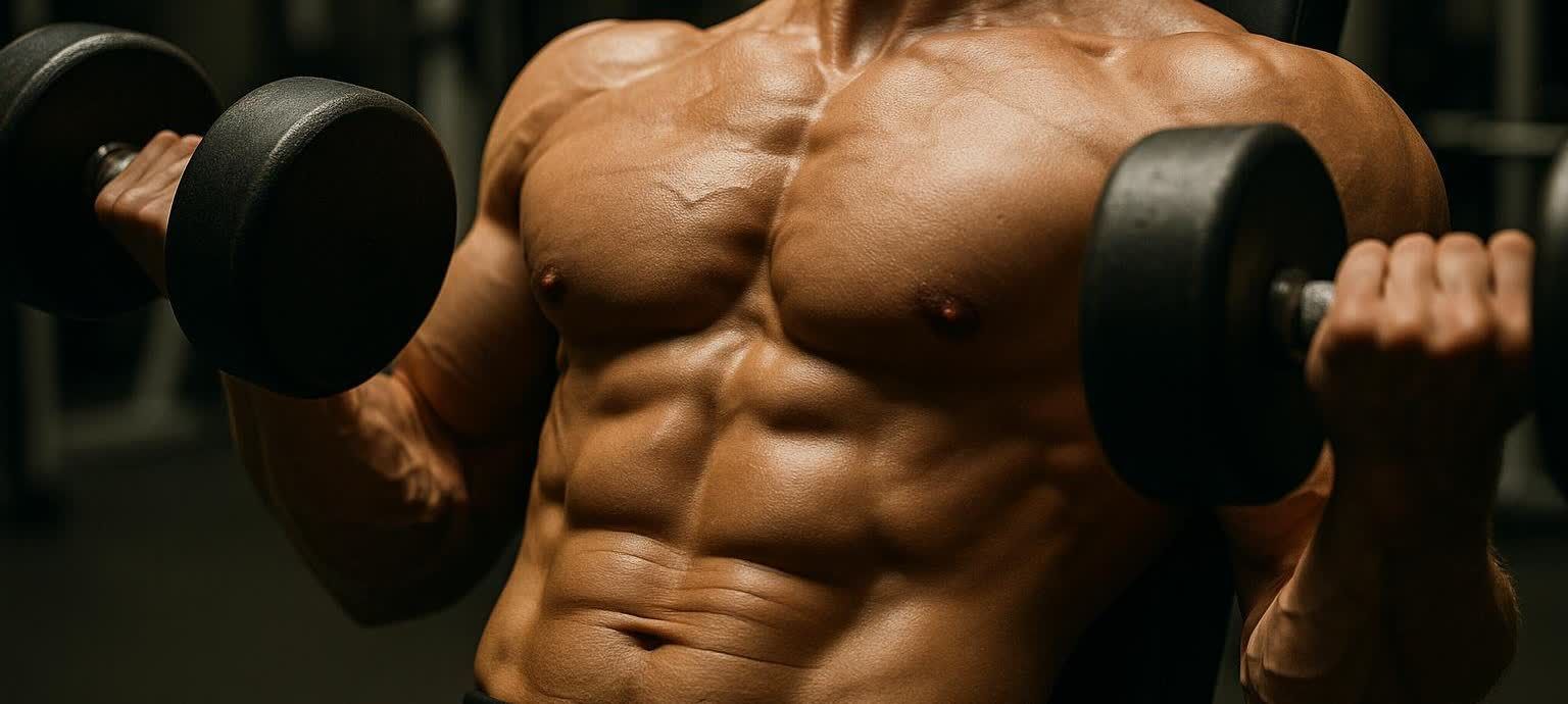 Close-up of chest muscles contracting during a dumbbell press, emphasizing strength.
