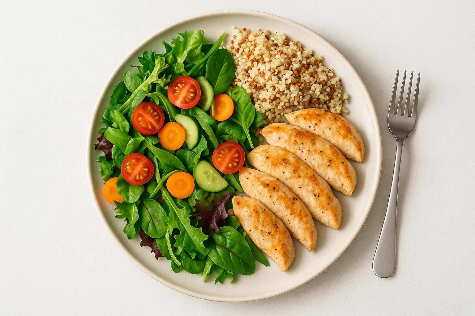 A healthy meal on a plate with grilled chicken breast, quinoa, and a salad with cherry tomatoes, carrots, and cucumber.