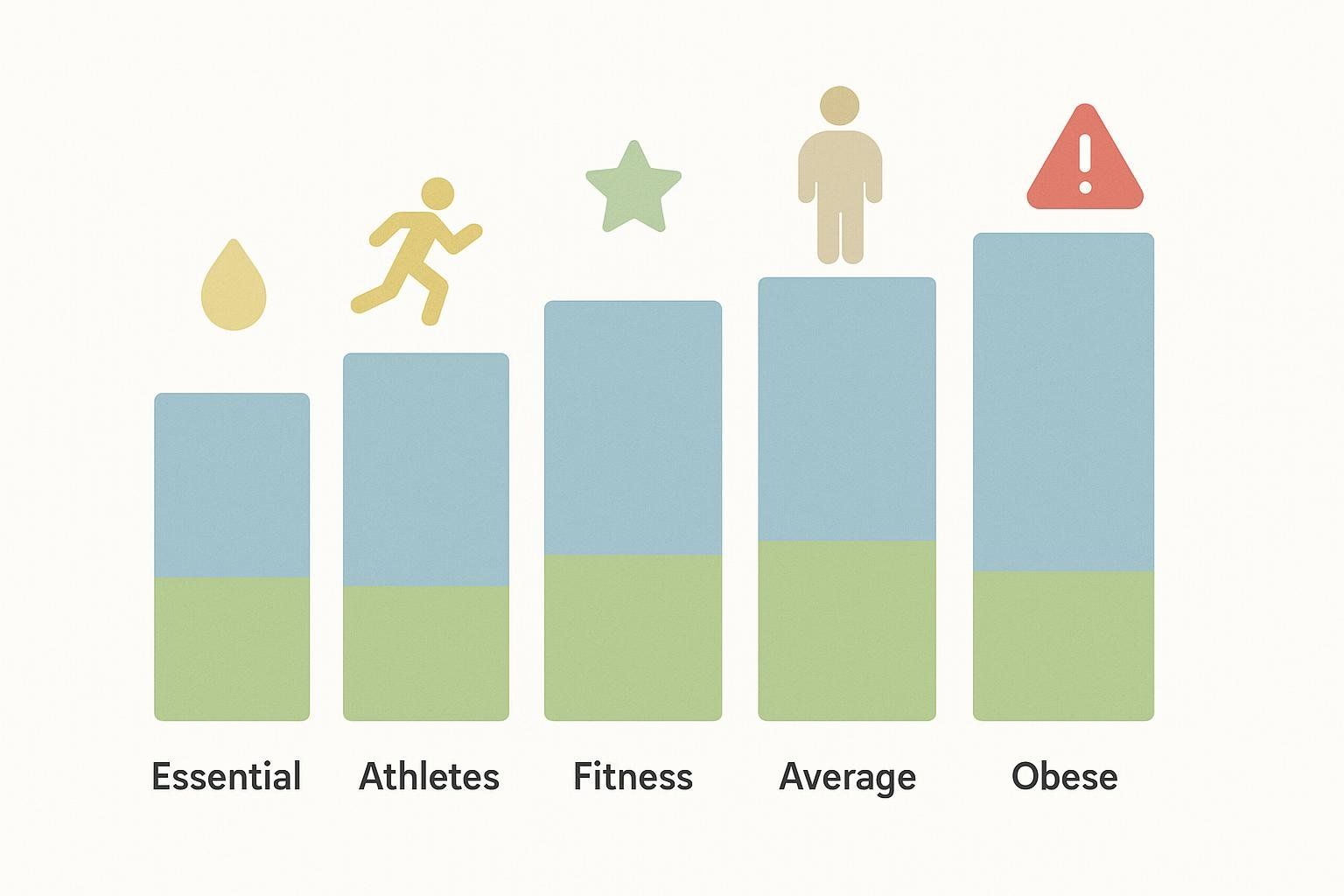 Simplified bar chart illustrating general body fat categories for men and women using icons and color segments.