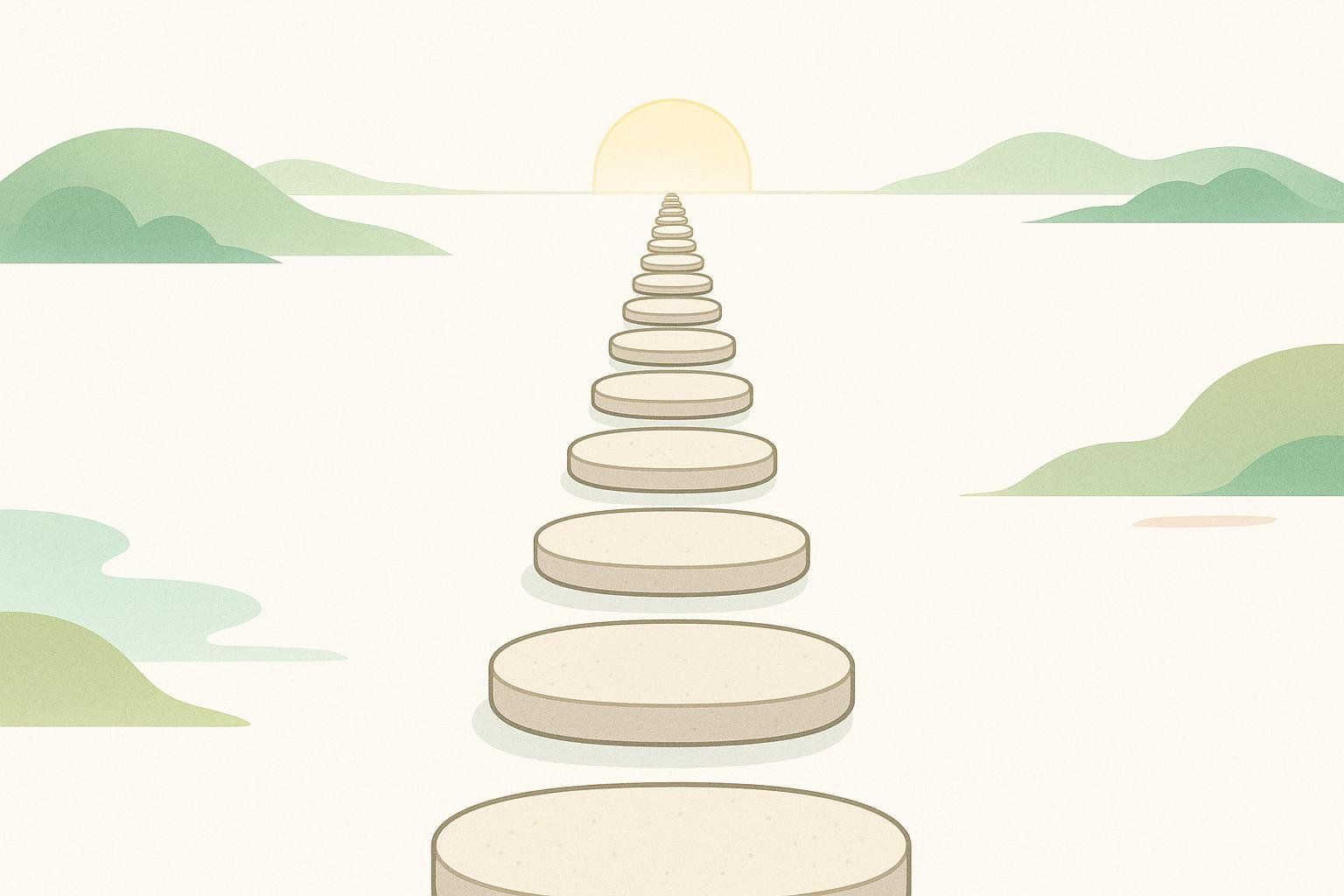 An illustration of a path of circular stepping stones extending into the distance towards a rising sun. Rolling green hills and light blue shapes suggestive of land or clouds flank the path.