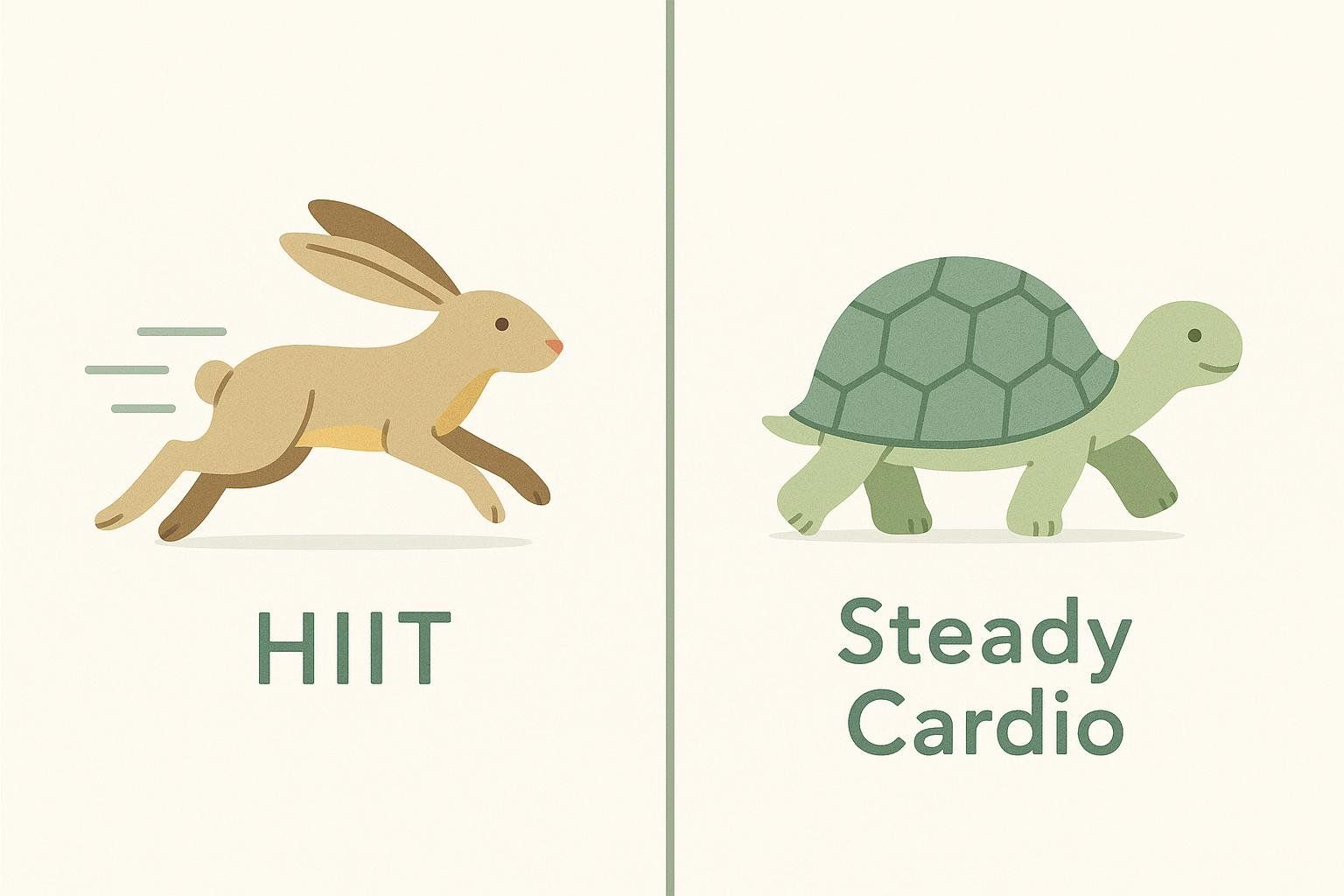 An illustration showing a fast-running hare labeled 'HIIT' and a slow-walking tortoise labeled 'Steady Cardio,' metaphorically comparing the intensity and efficiency of different exercise types.
