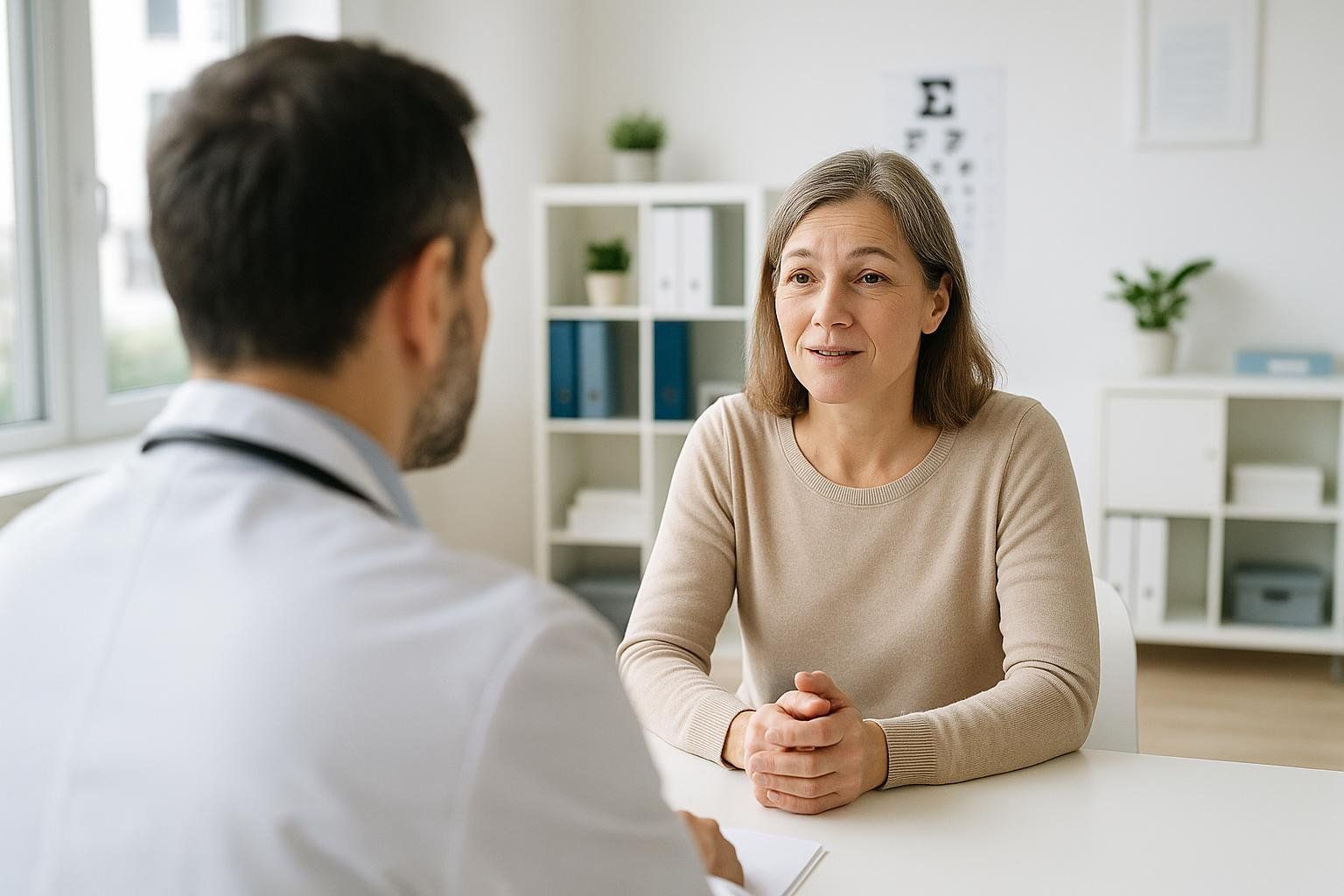 A female patient with gray hair sits across from a male doctor in an office setting. The patient is looking at the doctor, listening intently with her hands clasped on the table. The doctor, seen from the back, is wearing a white lab coat and stethoscope. An eye chart is visible on the wall in the background.