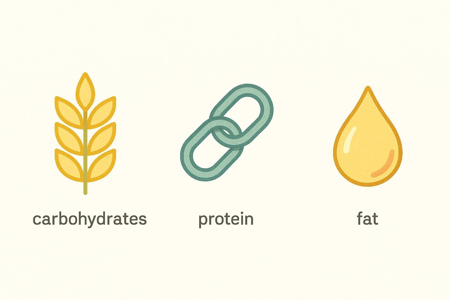 Three simple icons representing the macronutrients: a wheat sheaf with the word 'carbohydrates', a chain with the word 'protein', and an oil drop with the word 'fat'.