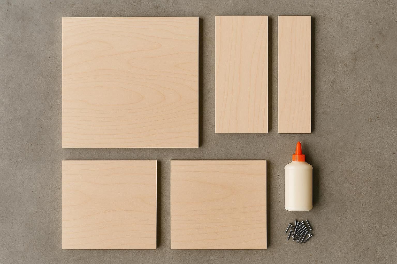 A flat-lay of materials for a DIY plyo box, including pre-cut plywood pieces (one large rectangle, two smaller rectangles, and two squares), a bottle of wood glue with an orange cap, and a small pile of screws, all arranged neatly on a grey surface.
