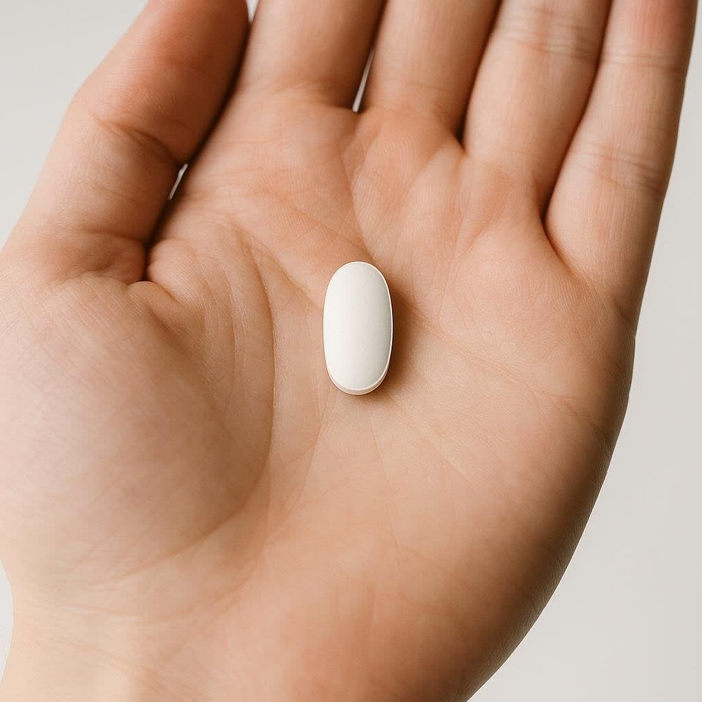 A single white pill in the palm of a hand, representing a daily dose of an SGLT2 inhibitor medication.