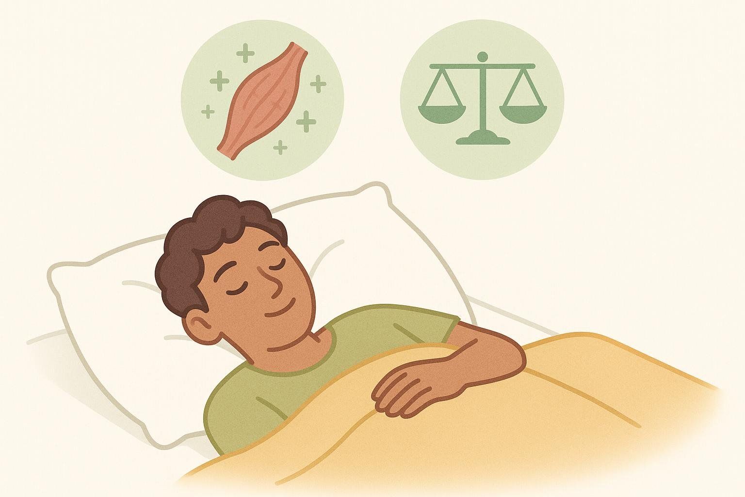 Illustration of a person sleeping peacefully with icons for muscle recovery and hormone balance, representing the importance of sleep.